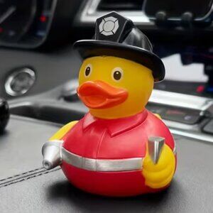 Firefighter Rubber Duck-Shaped Car Dashboard Decor Complete w/Hat Hose & Axe